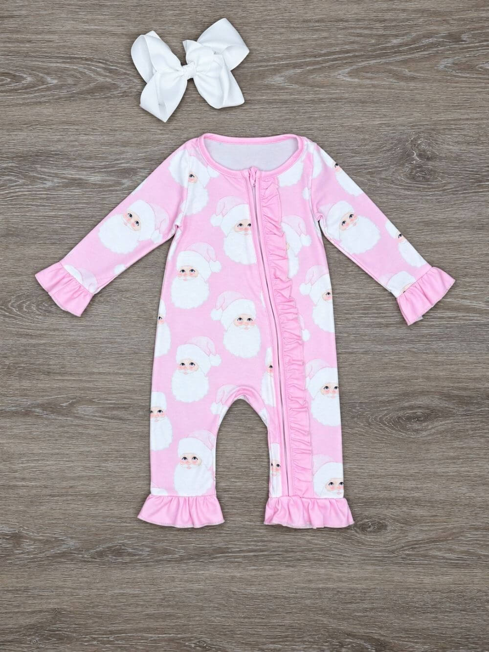 Sweet Santa Pink Ruffle Girls Zip Up Baby Romper