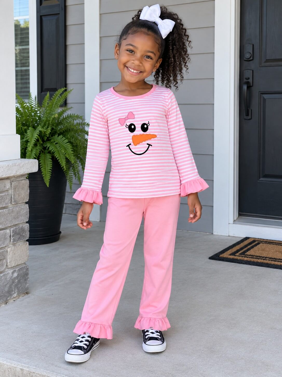 Sweet Snowman Girls Pink Stripe Ruffle Trim Outfit