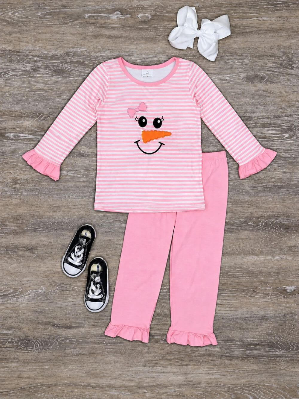 Sweet Snowman Girls Pink Stripe Ruffle Trim Outfit