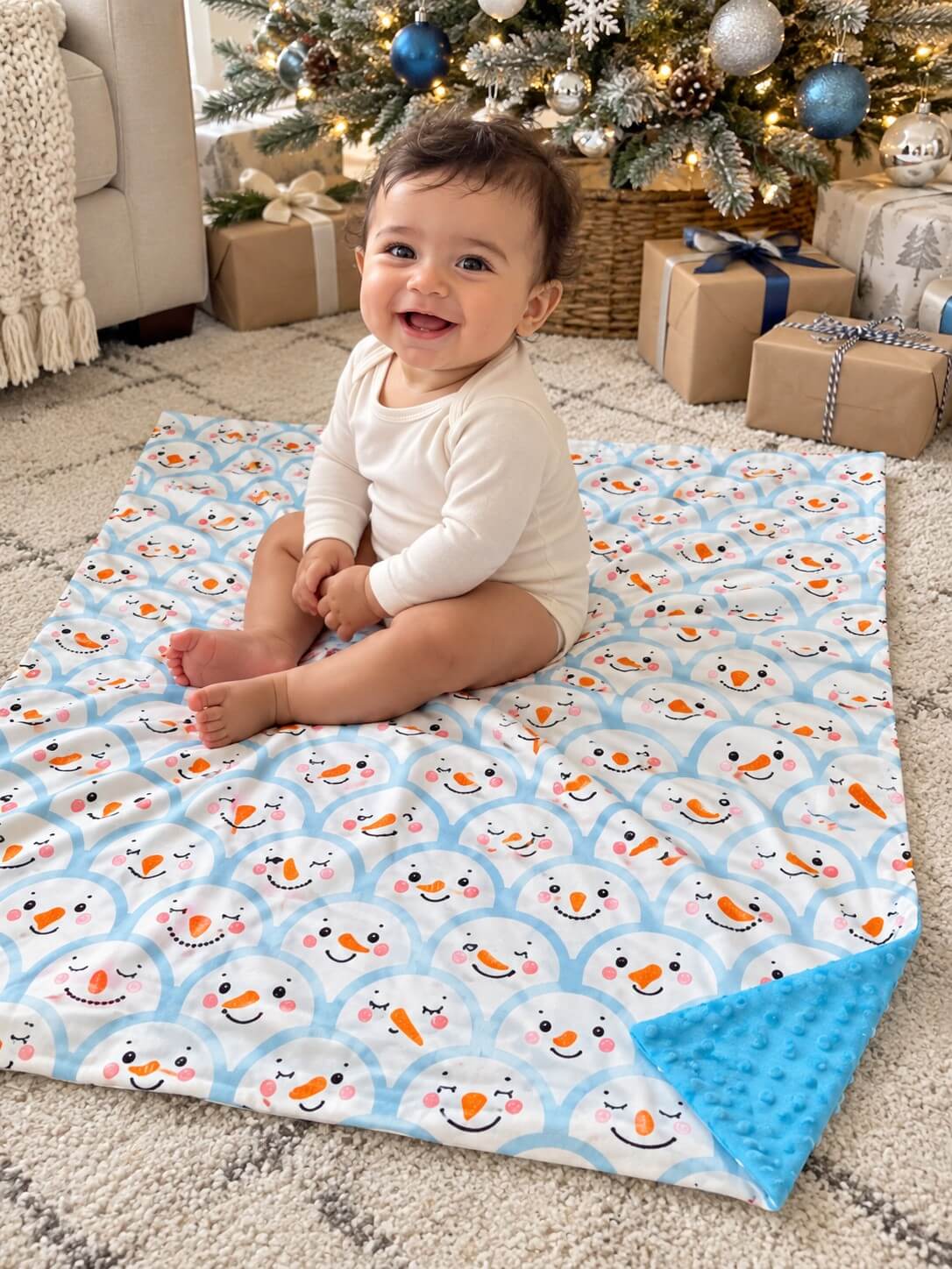 Blue snowman baby blanket with blue minky dot backing spread out beneath a seated baby