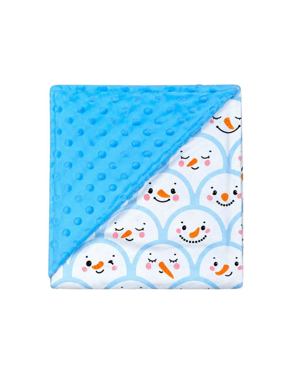Blue snowman baby blanket with blue minky dot backing folded on white background to show the reverse