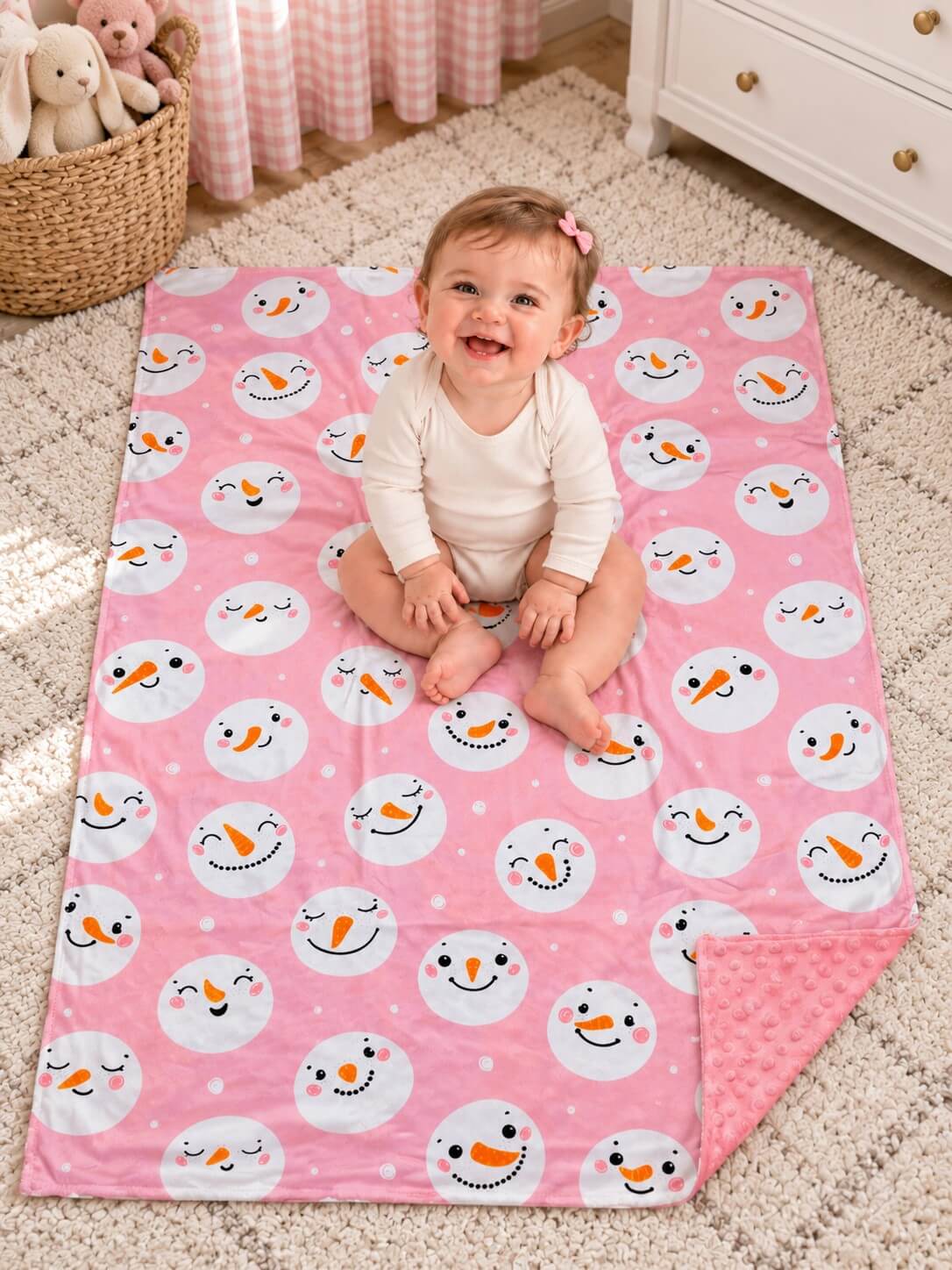 Pink snowman baby blanket with pink minky dot backing spread on the floor beneath a baby, viewed from above