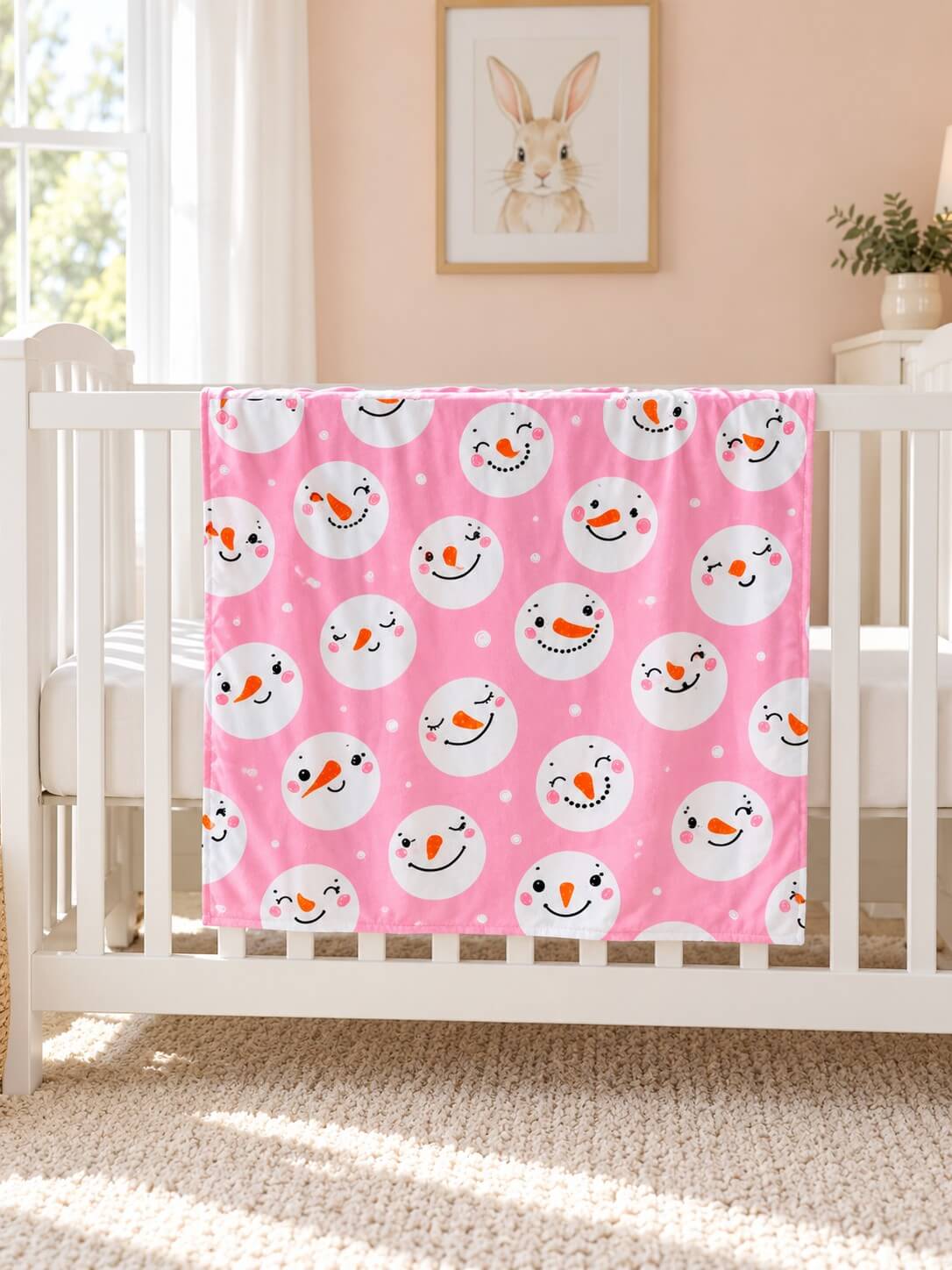 Pink snowman baby blanket with pink minky dot backing draped over a crib rail