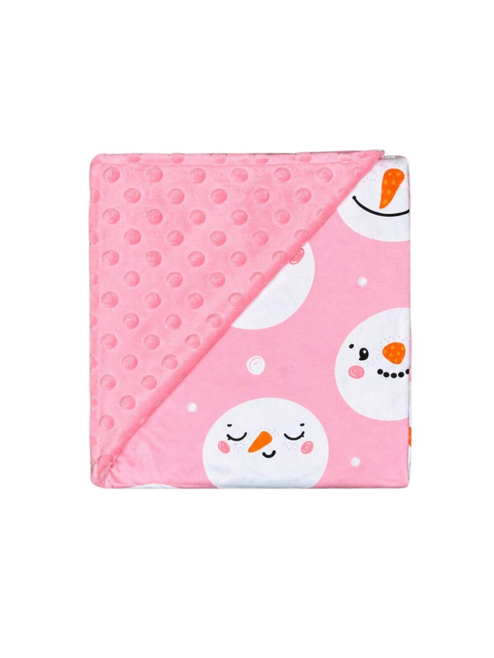 Pink snowman baby blanket with pink minky dot backing folded on white background to show the reverse