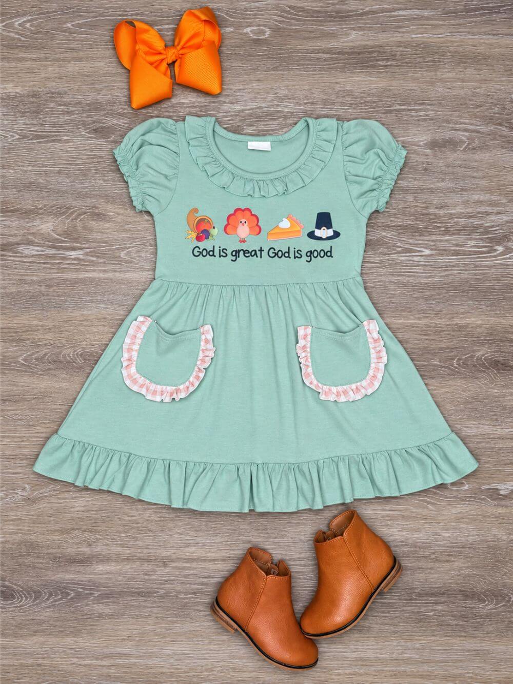 Sweet Thanksgiving Sage Girls Ruffle Dress