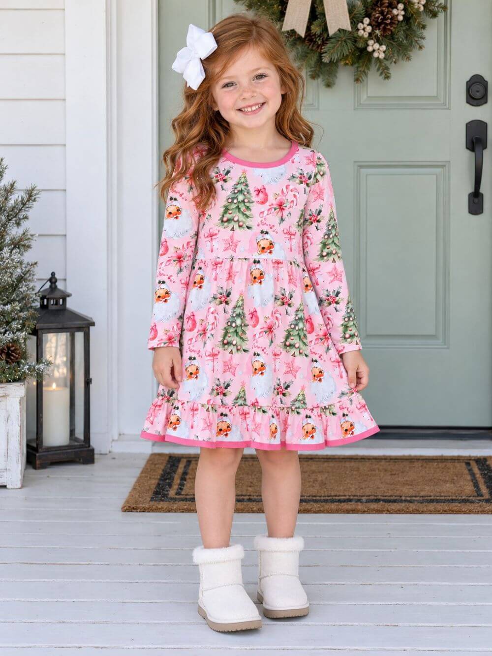 Sweet Vintage Santa Girls Long Sleeve Christmas Dress