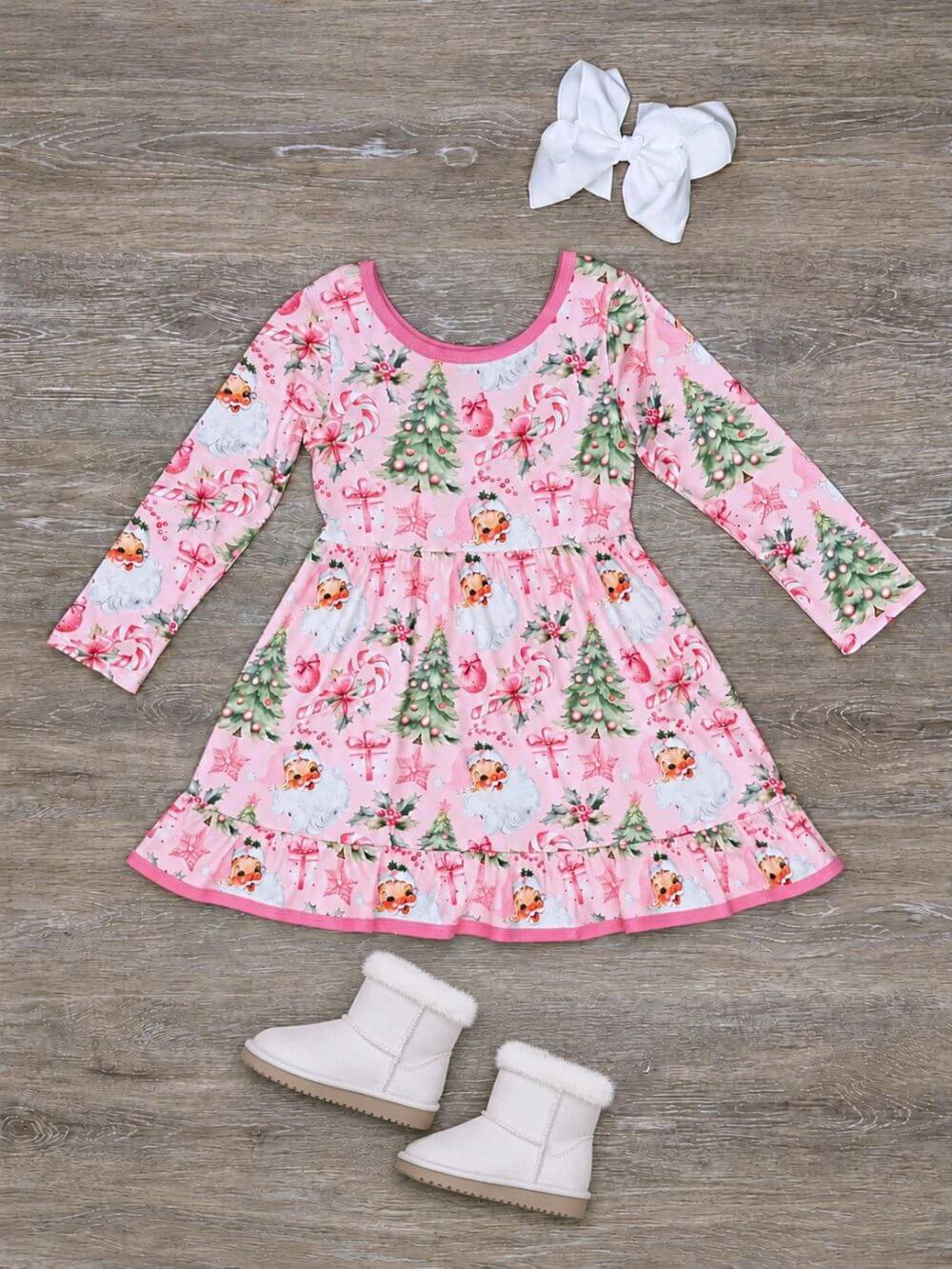 Sweet Vintage Santa Girls Long Sleeve Christmas Dress