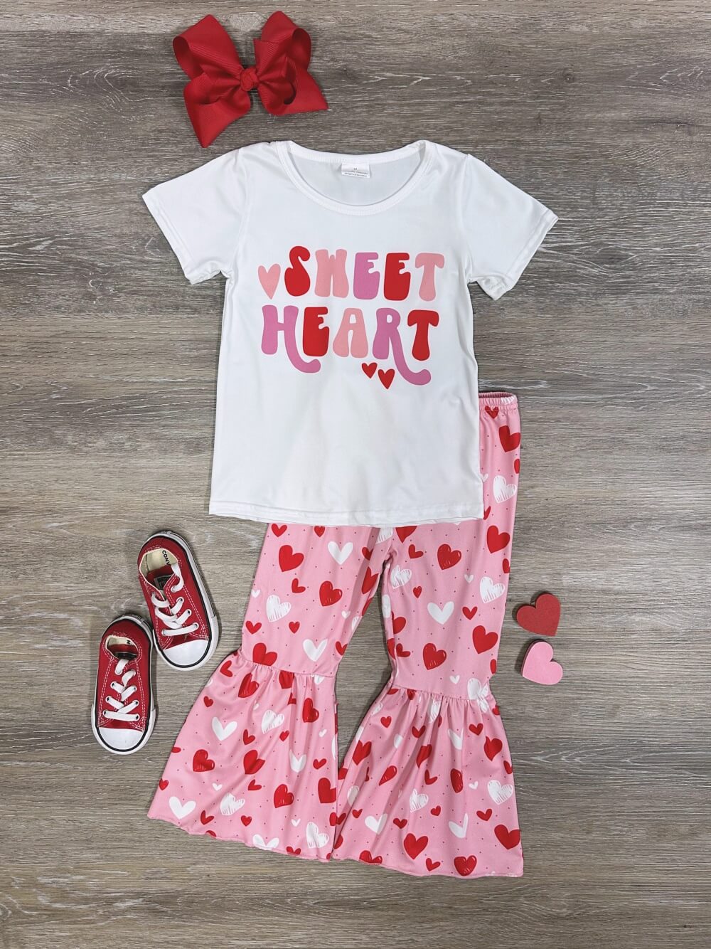 Sweetheart Girls Short Pink &amp; Red Heart Bell Bottoms Outfit - Sydney So Sweet