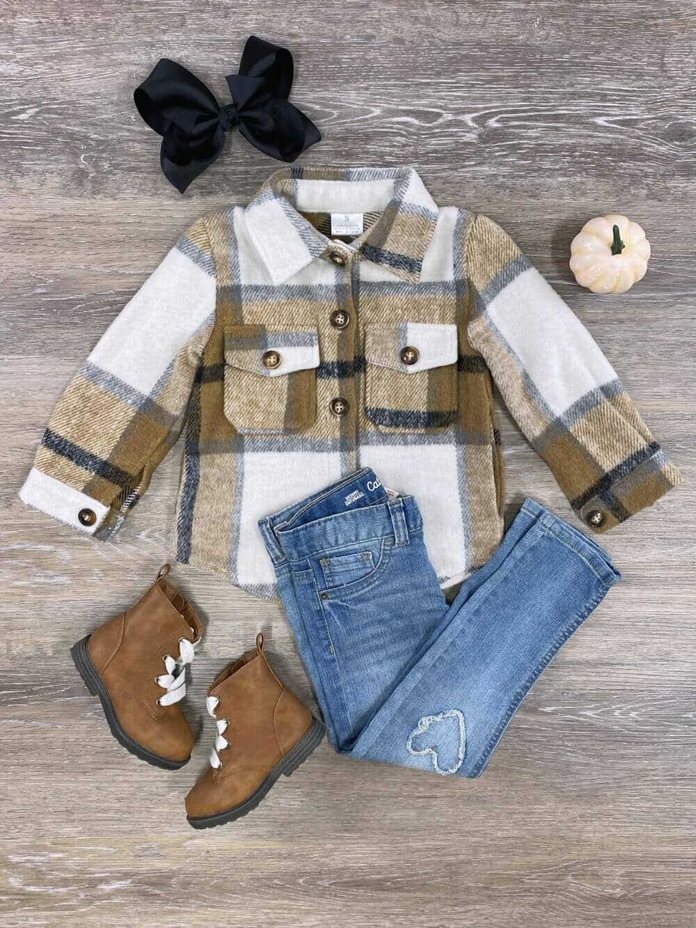 Tan Plaid Girls Button Down Girls Flannel Shacket - Sydney So Sweet