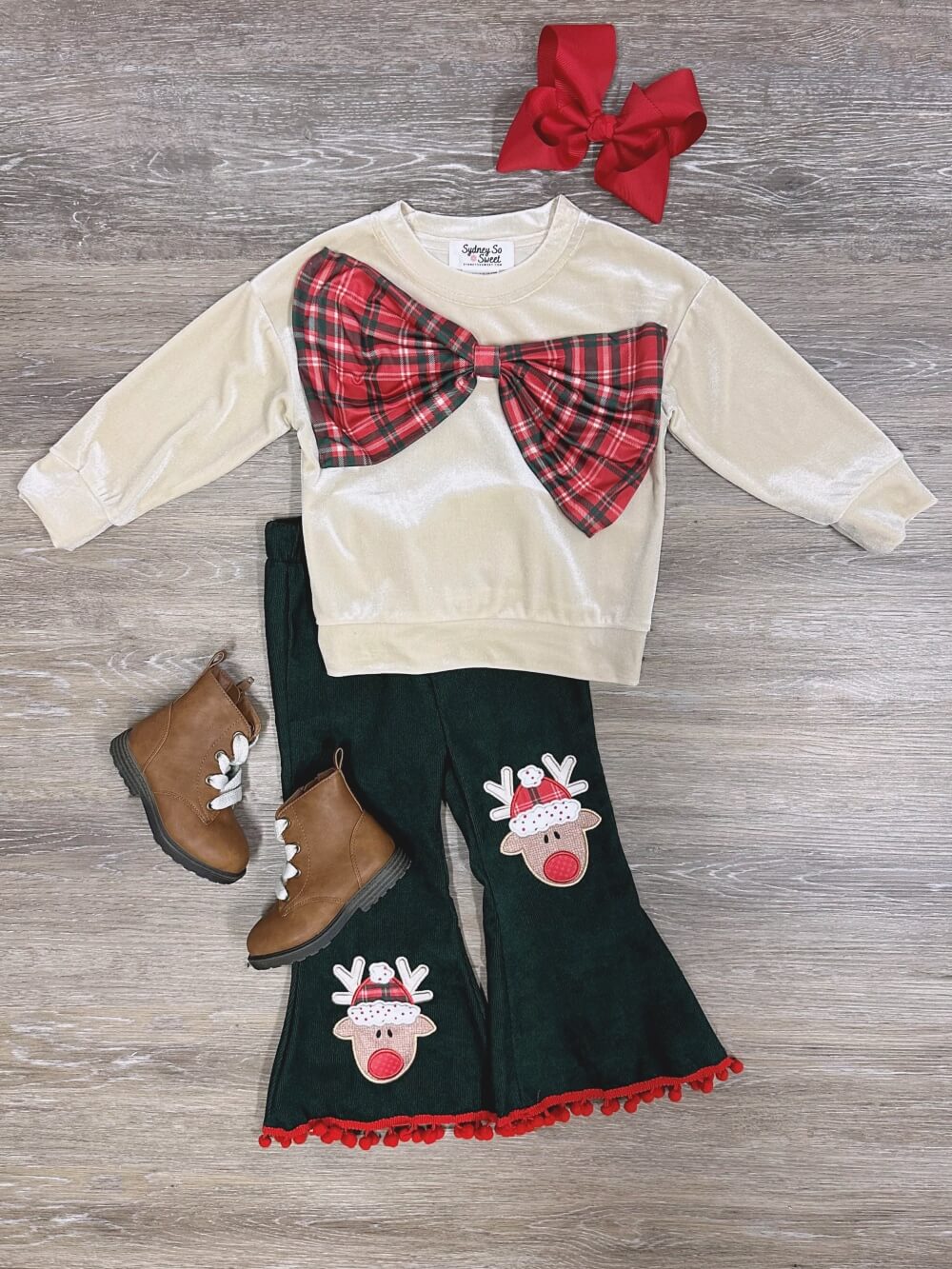 Tartan Plaid Christmas Bow Reindeer Bell Bottom Girls Outfit - Sydney So Sweet