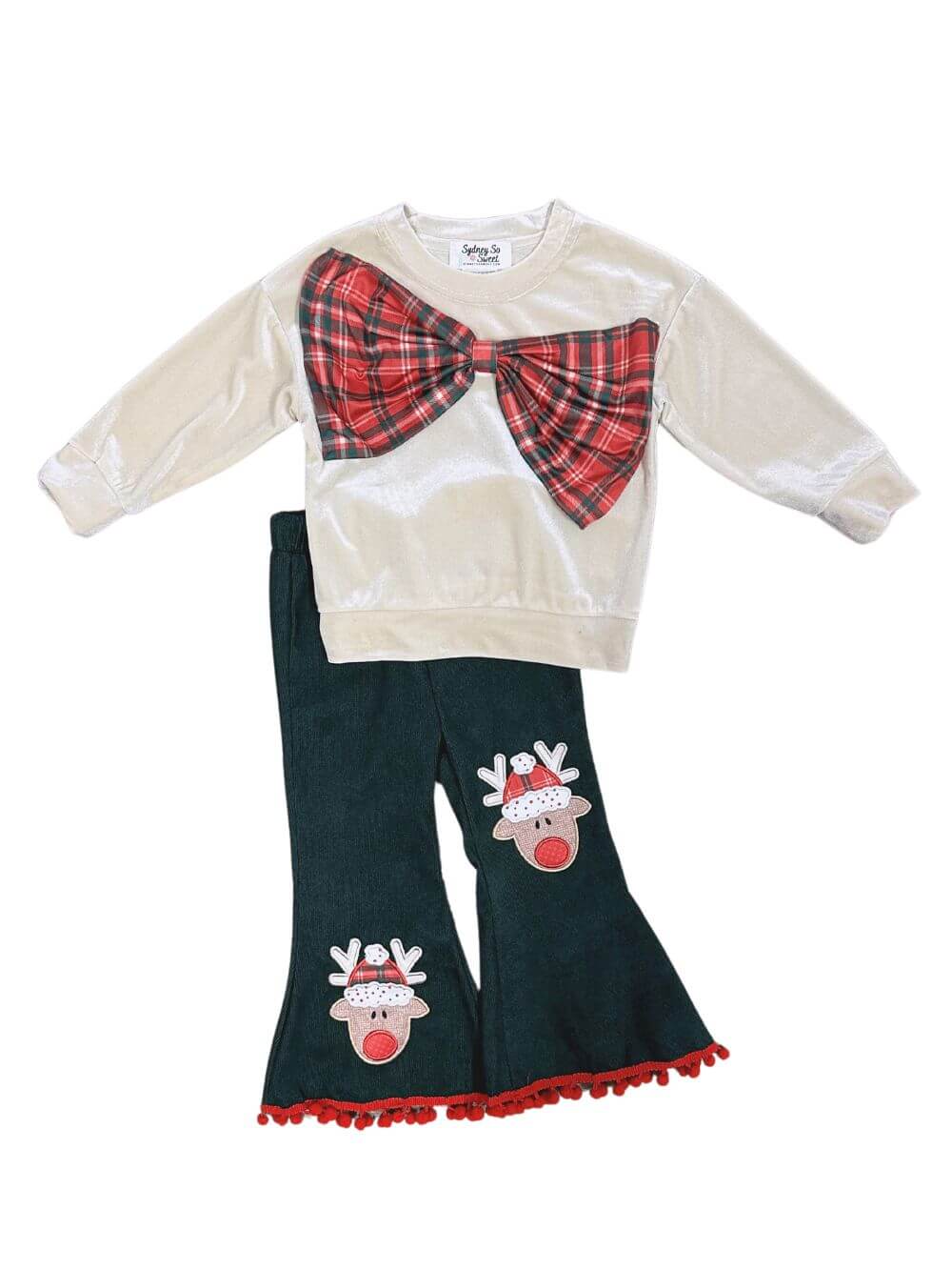 Tartan Plaid Christmas Bow Reindeer Bell Bottom Girls Outfit - Sydney So Sweet