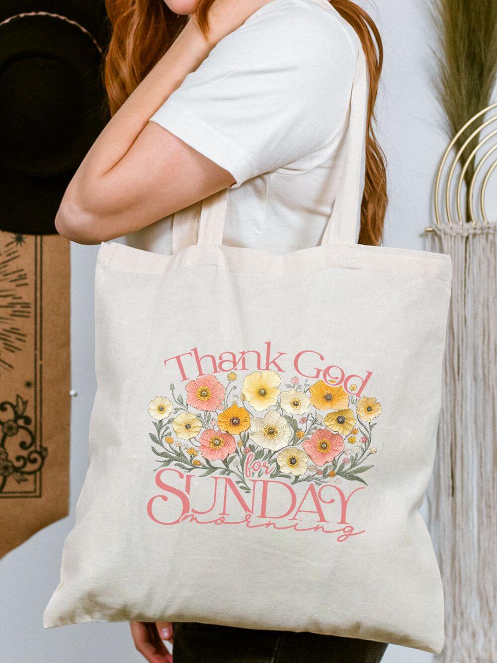 Thank God Sunday Cotton Canvas Floral Church Tote Bag
