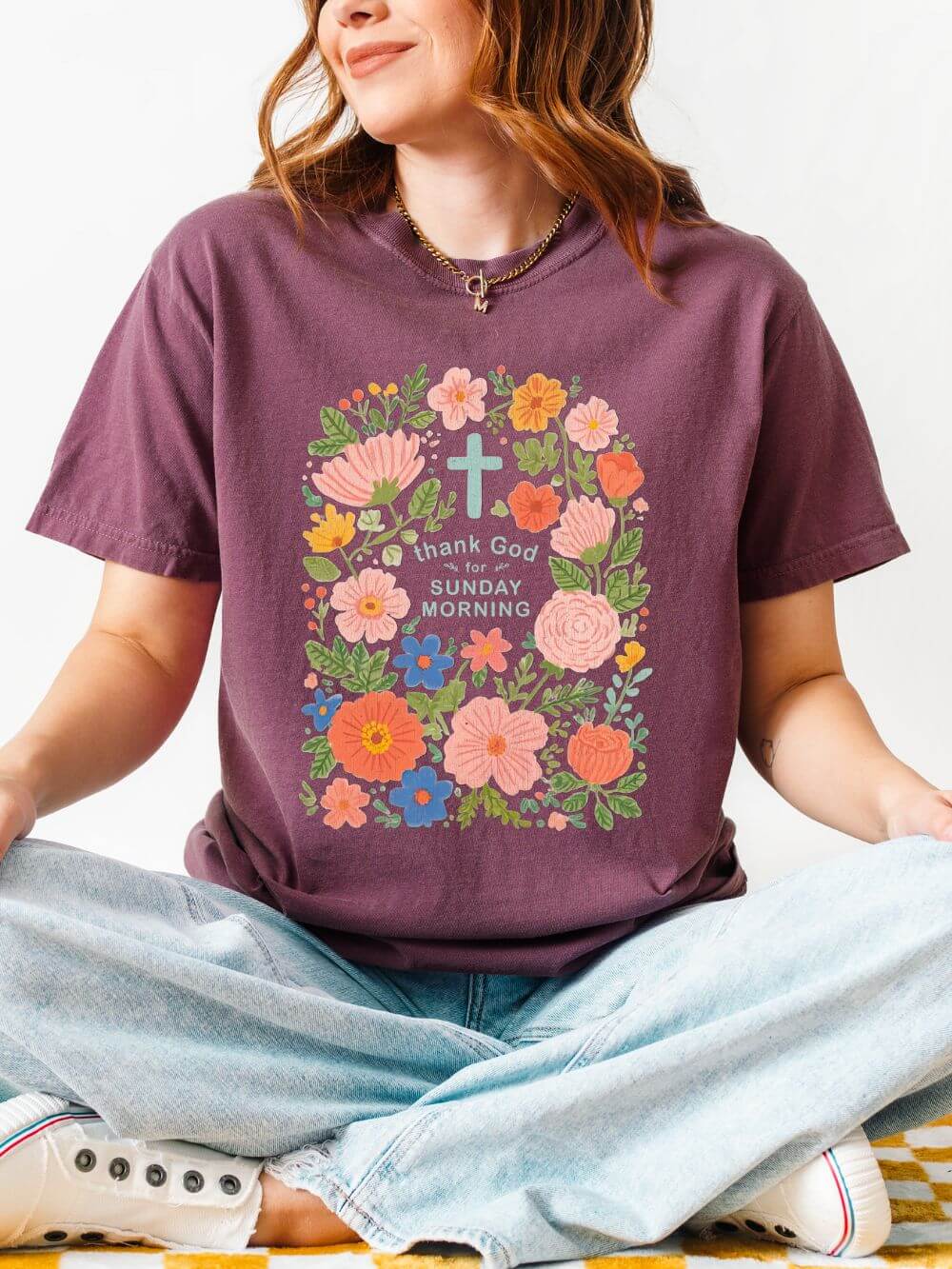 Thank God for Sunday Morning Christian Unisex Distressed Tee Floral T-Shirt