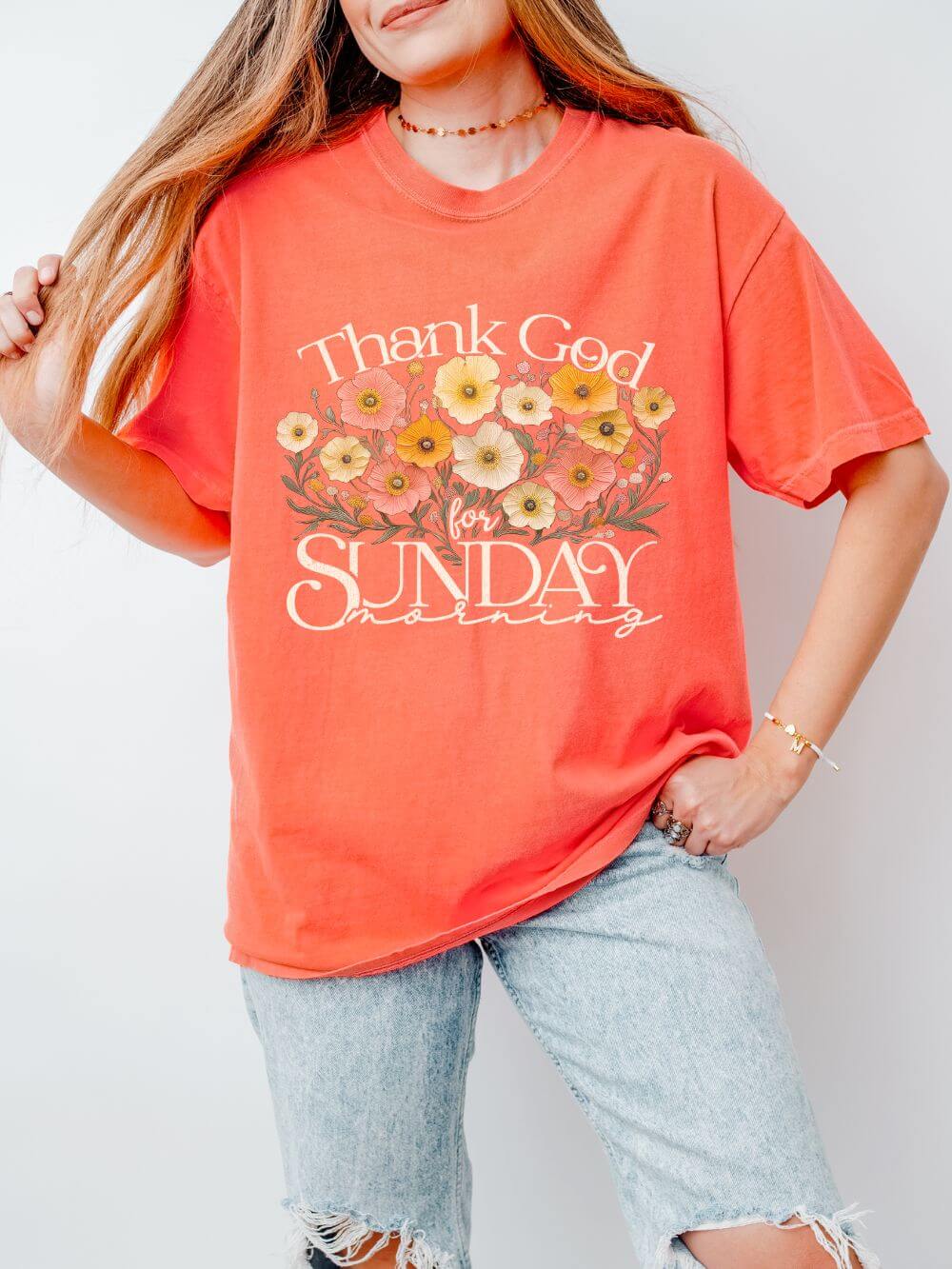 Thank God for Sunday Morning Christian Church Floral T‑Shirt Unisex Distressed Tee