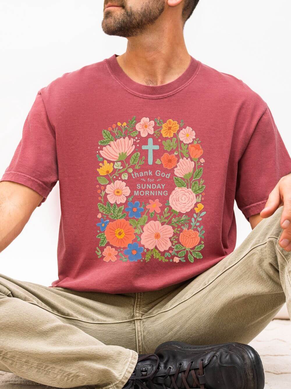 Thank God for Sunday Morning Christian Unisex Distressed Tee Floral T-Shirt