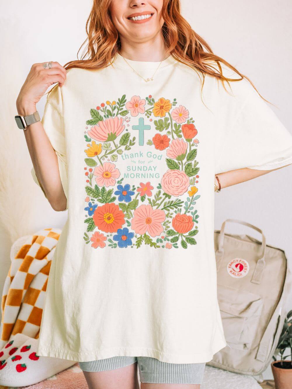 Thank God for Sunday Morning Christian Unisex Distressed Tee Floral T-Shirt