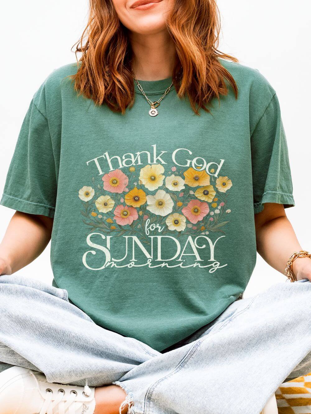 Thank God for Sunday Morning Christian Church Floral T‑Shirt Unisex Distressed Tee
