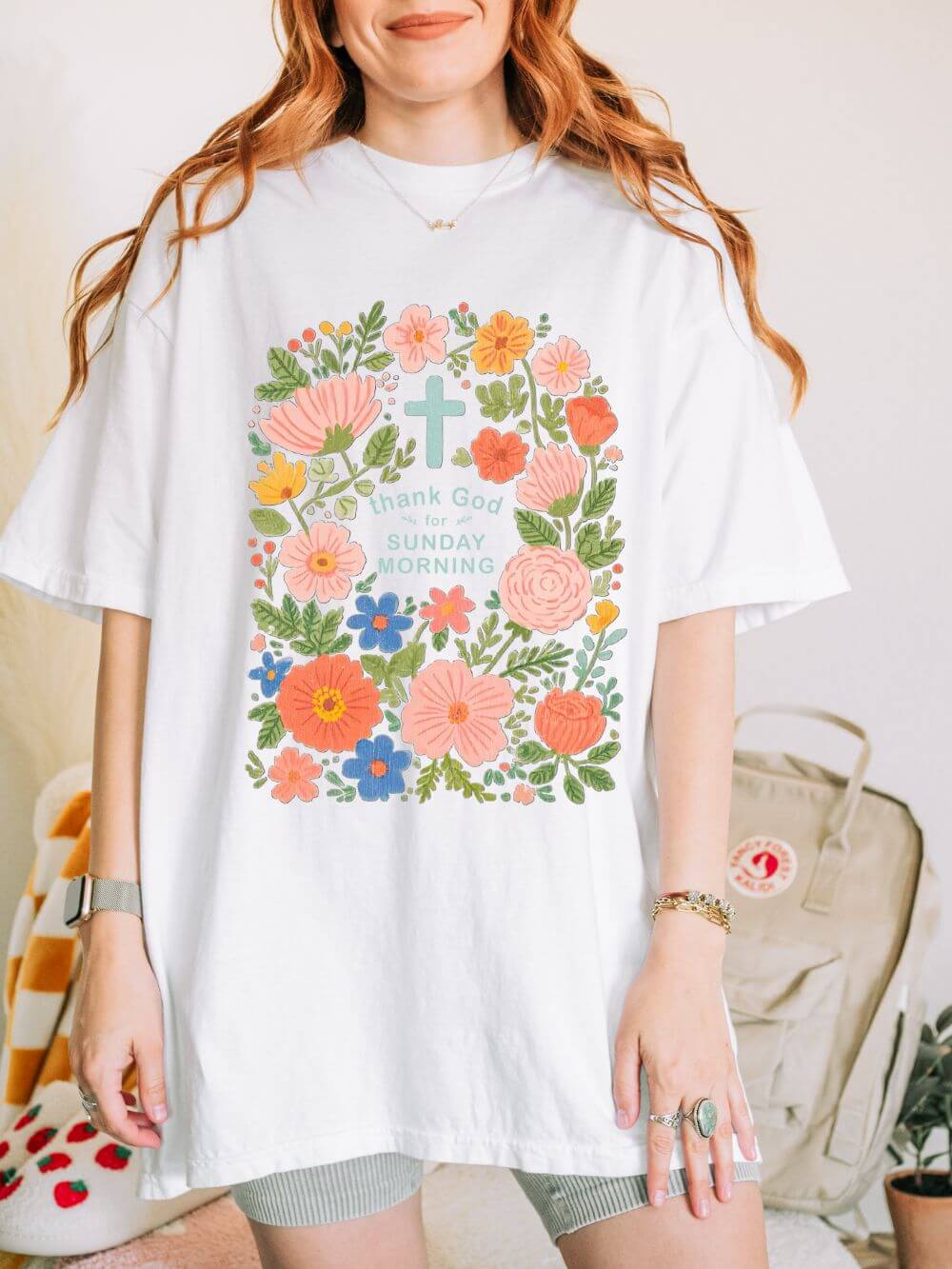 Thank God for Sunday Morning Christian Unisex Distressed Tee Floral T-Shirt