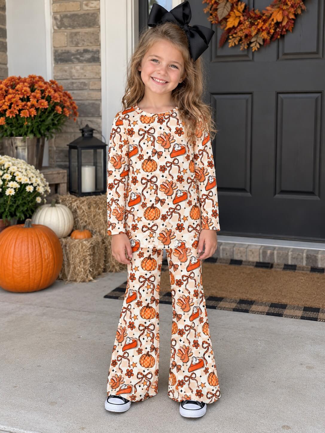 Thankful Harvest Girls Turkey Bell Bottoms Matching Set