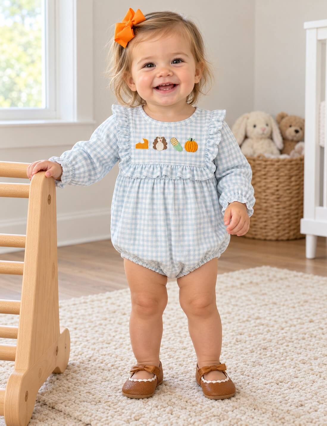 Thanksgiving Cutie Blue Gingham Baby Bubble Romper