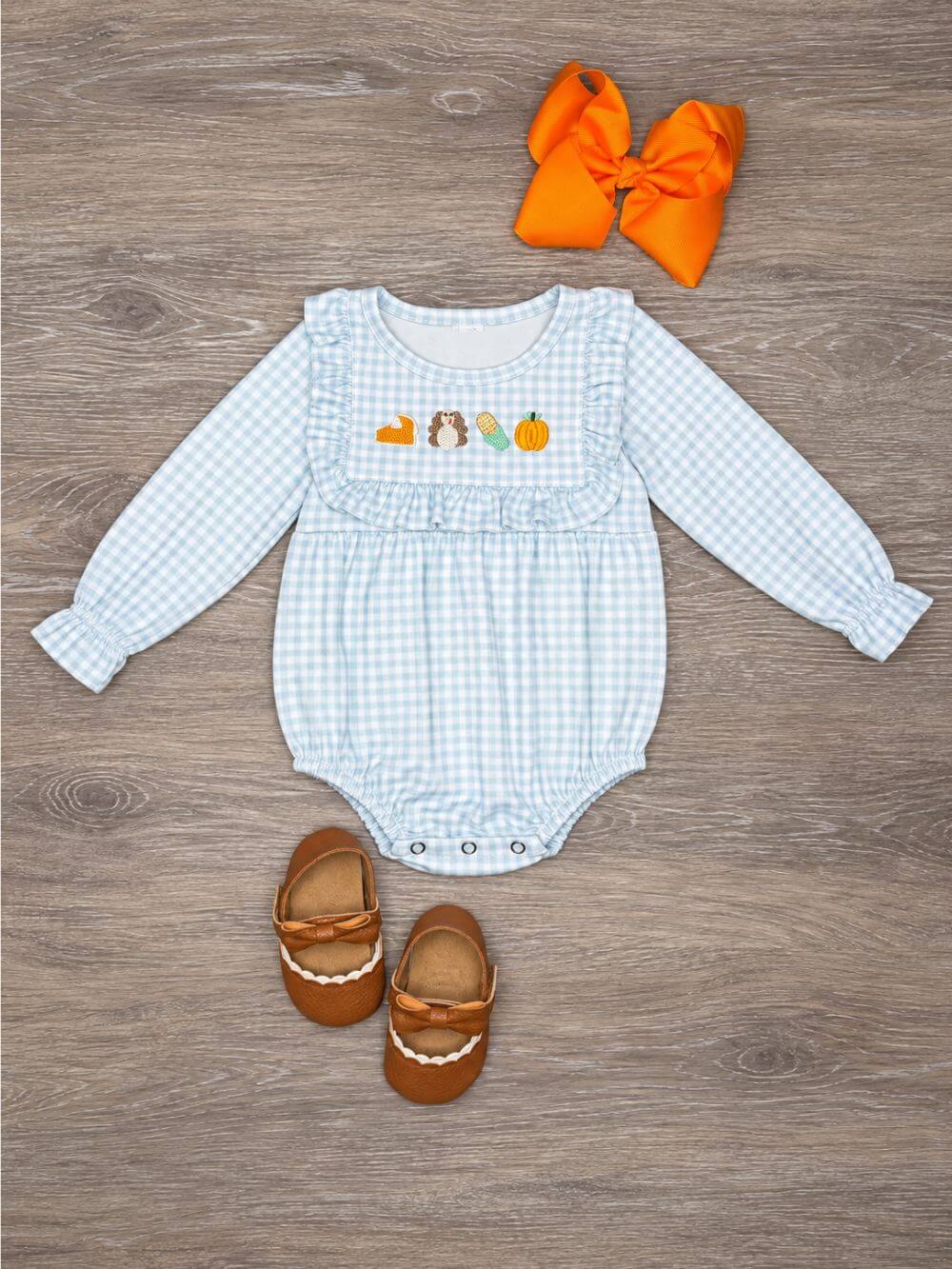 Thanksgiving Cutie Blue Gingham Baby Bubble Romper