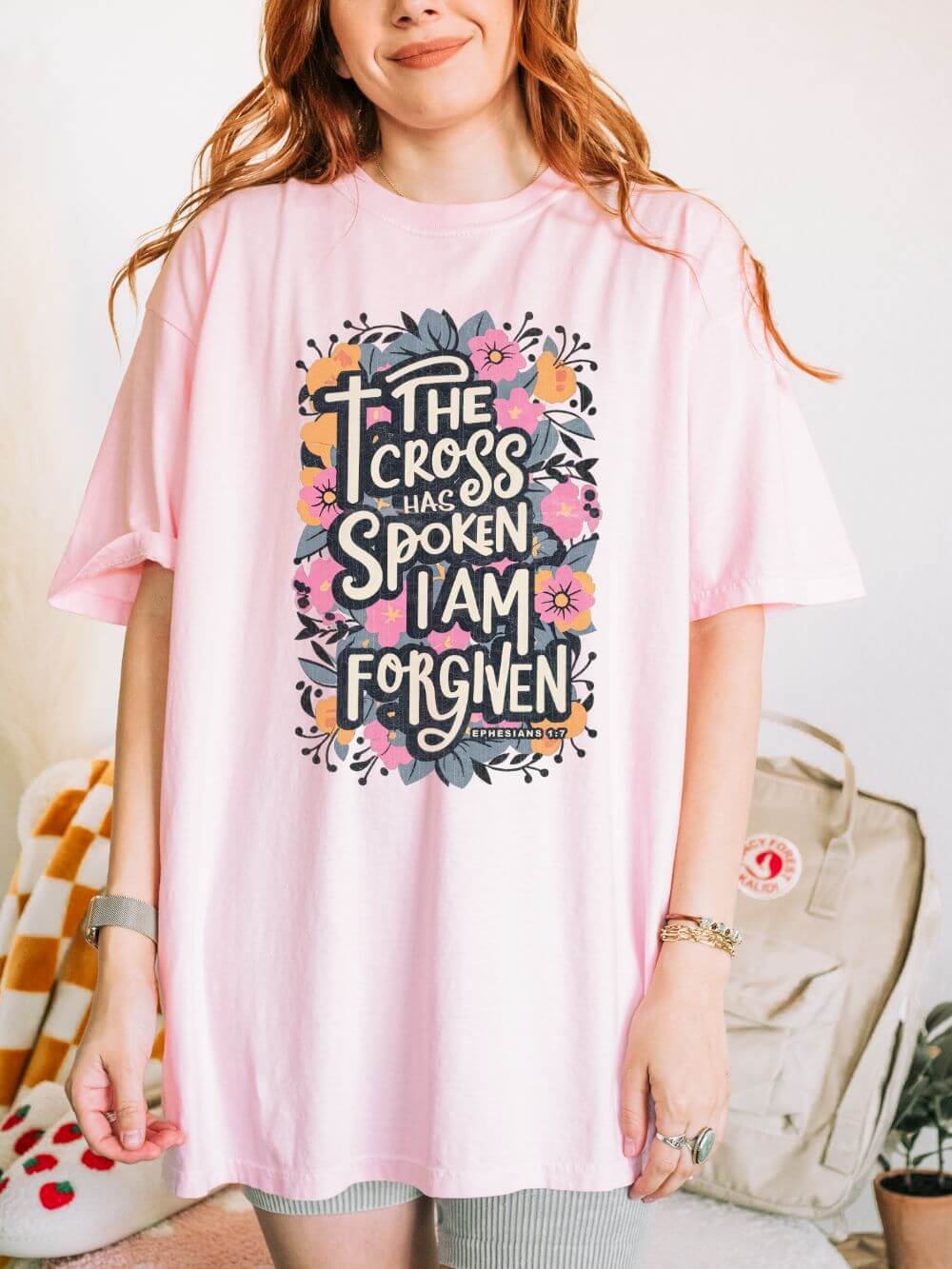 The Cross Has Spoken I Am Forgiven Christian T-Shirt Unisex Floral Faith Distressed Tee