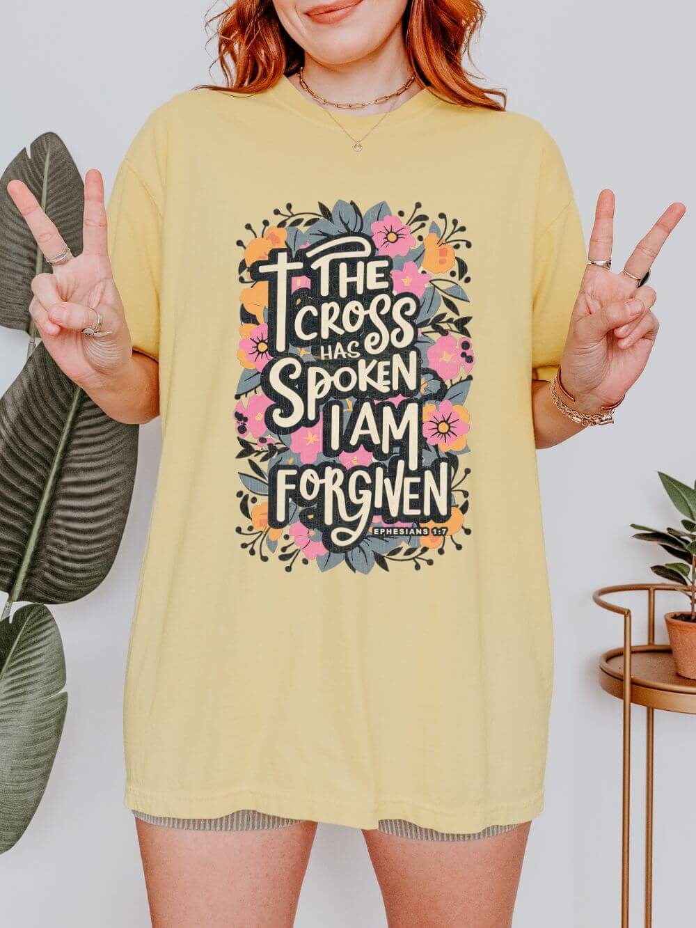 The Cross Has Spoken I Am Forgiven Christian T-Shirt Unisex Floral Faith Distressed Tee