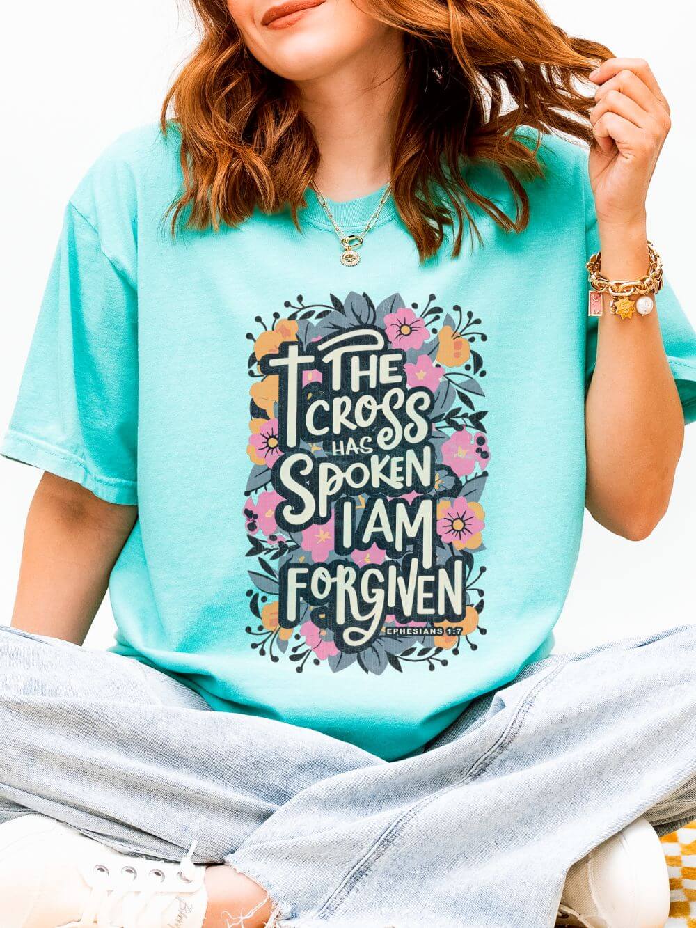 The Cross Has Spoken I Am Forgiven Christian T-Shirt Unisex Floral Faith Distressed Tee