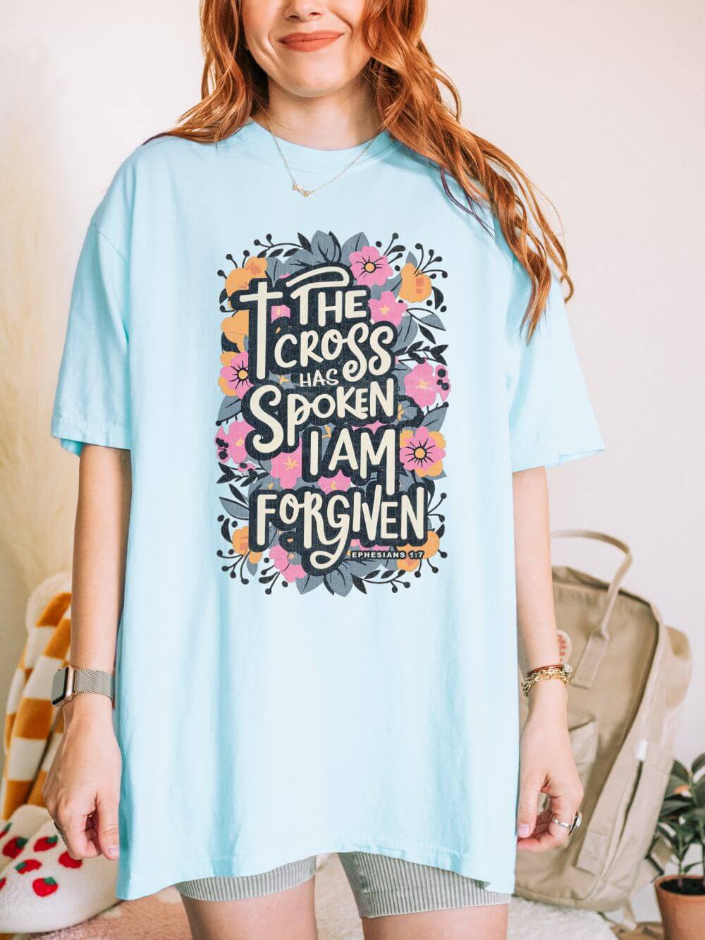 The Cross Has Spoken I Am Forgiven Christian T-Shirt Unisex Floral Faith Distressed Tee