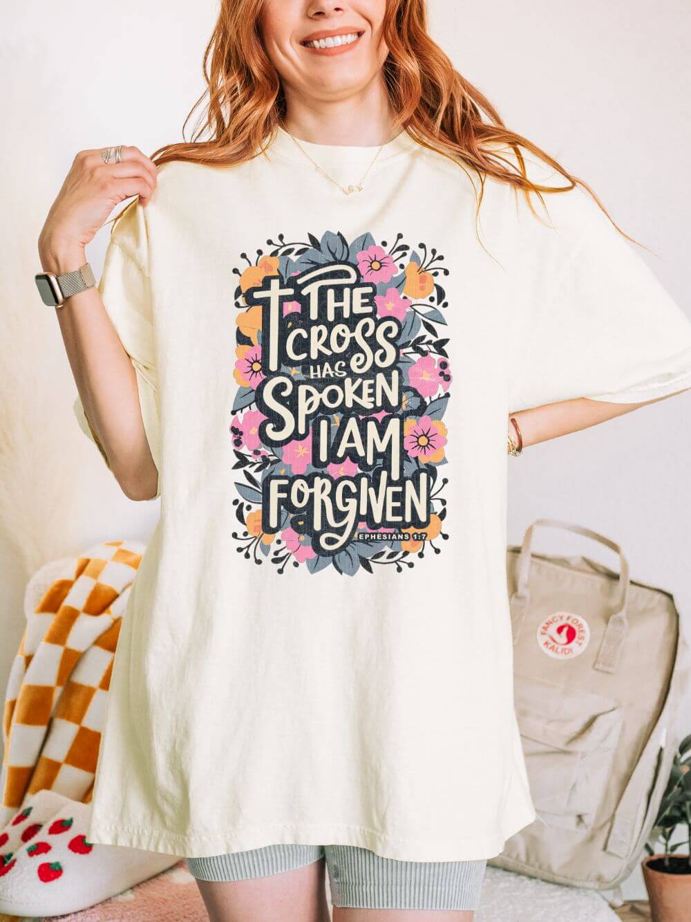 The Cross Has Spoken I Am Forgiven Christian T-Shirt Unisex Floral Faith Distressed Tee