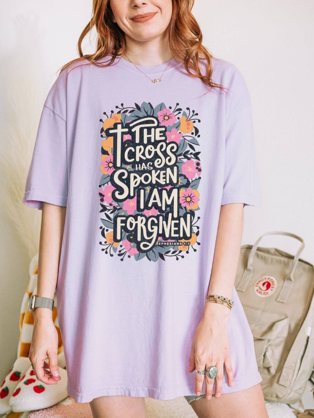 The Cross Has Spoken I Am Forgiven Christian T-Shirt Unisex Floral Faith Distressed Tee