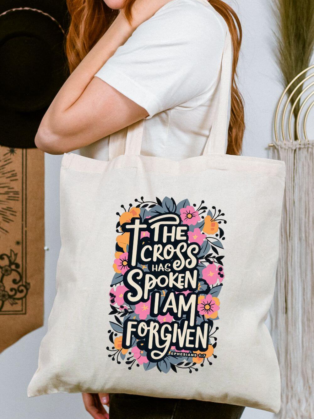 The Cross Has Spoken I Am Forgiven Cotton Canvas Floral Christian Tote Bag