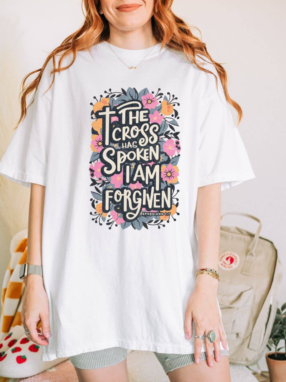 The Cross Has Spoken I Am Forgiven Christian T-Shirt Unisex Floral Faith Distressed Tee