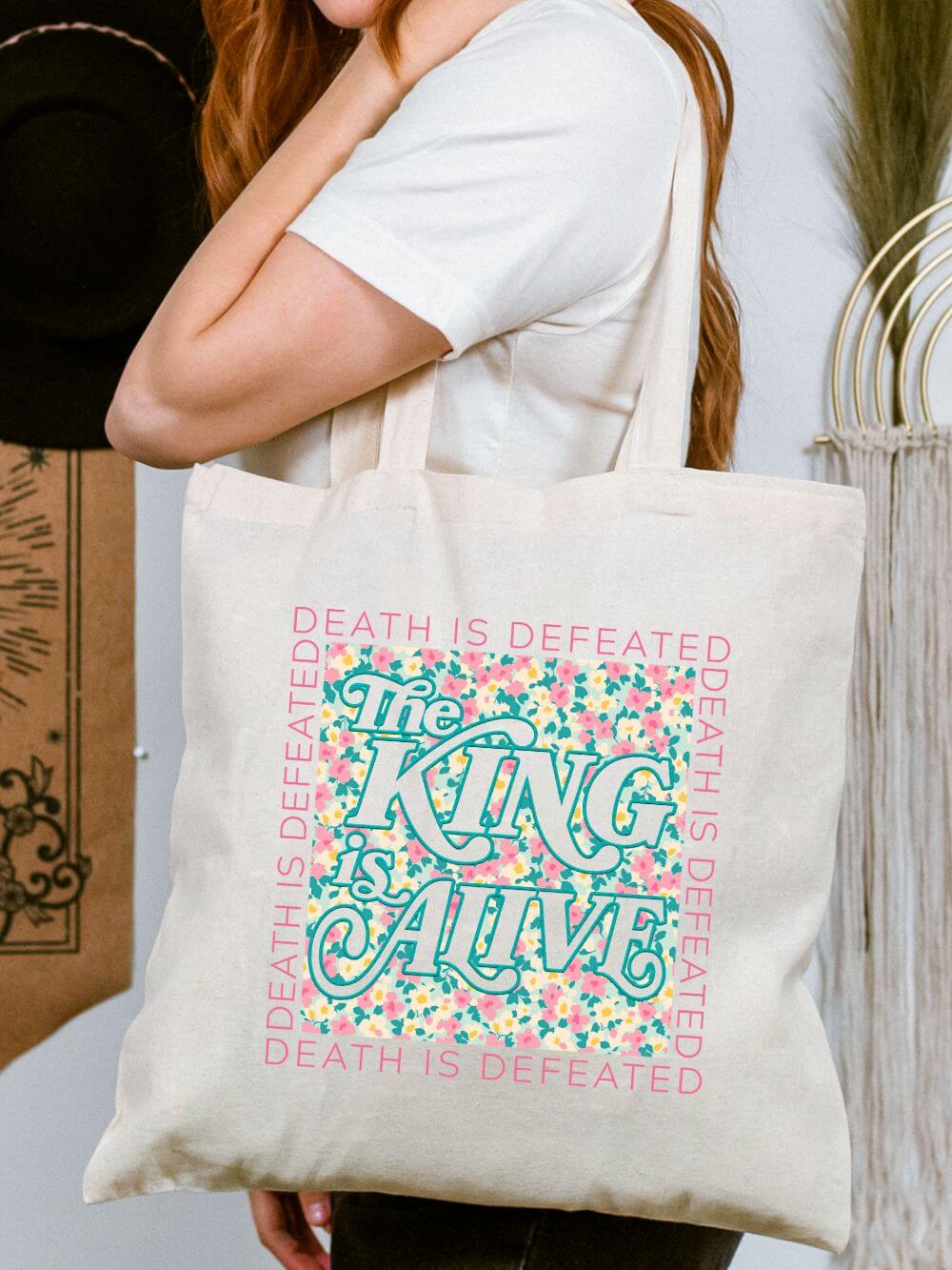 The King is Alive Christian Floral Easter Cotton Canvas Tote Bag