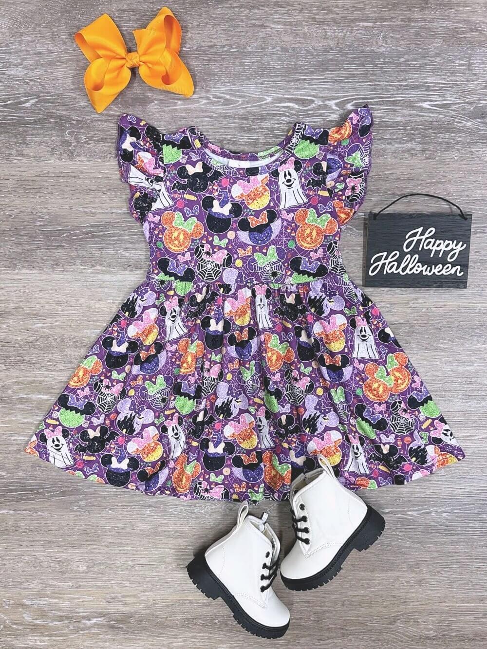 Theme Park Fun Halloween Girls Flutter Short Sleeve Dress - Sydney So Sweet