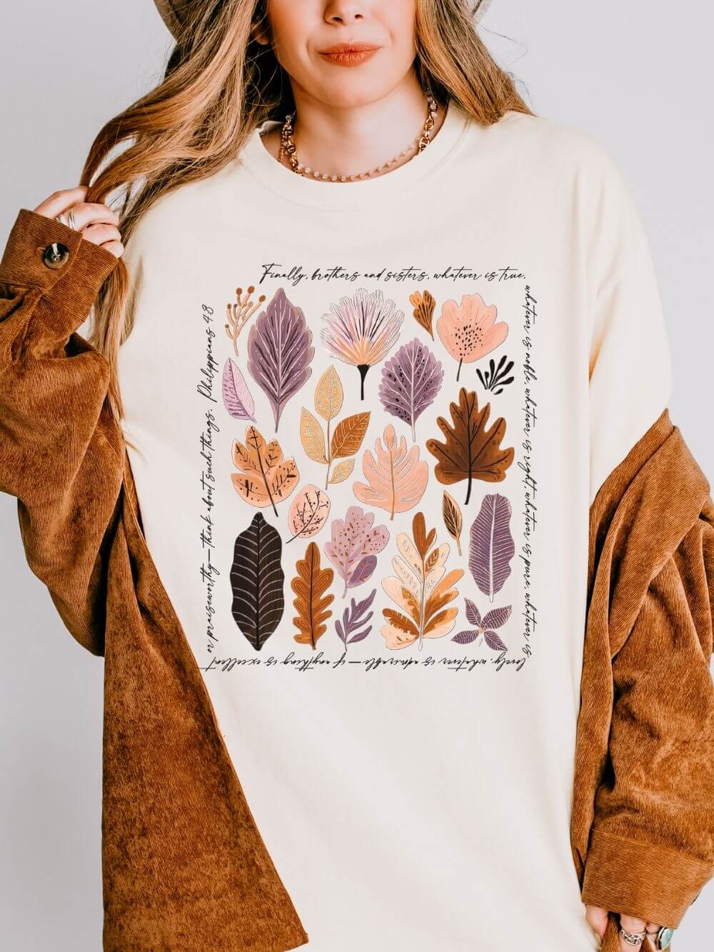 Think About Such Things T-Shirt Autumn Leaves Botanical Christian Tee
