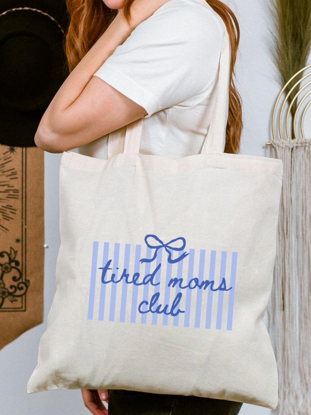 Tired  Moms Club Striped Cotton Canvas Tote Bag