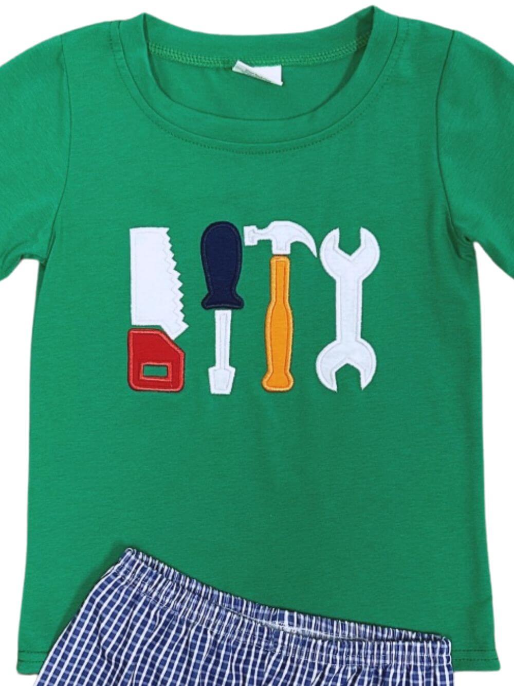 Tool Shirt and Blue Gingham Plaid Shorts Boys Shorts Outfit - Sydney So Sweet
