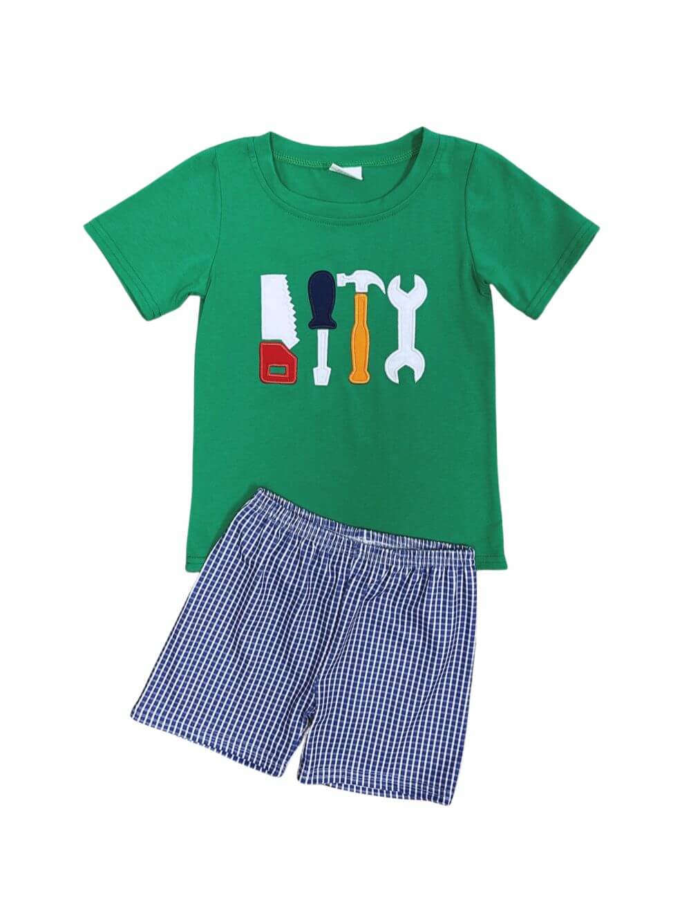 Tool Shirt and Blue Gingham Plaid Shorts Boys Shorts Outfit - Sydney So Sweet
