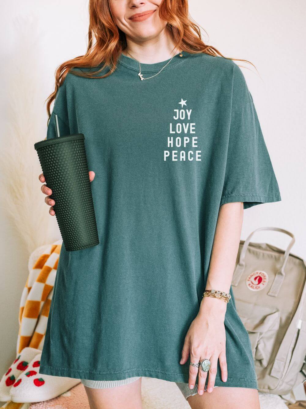 Joy Love Hope Peace Festive Christmas Tree Holiday T-Shirt Unisex Garment-Dyed Tee - Sydney So Sweet