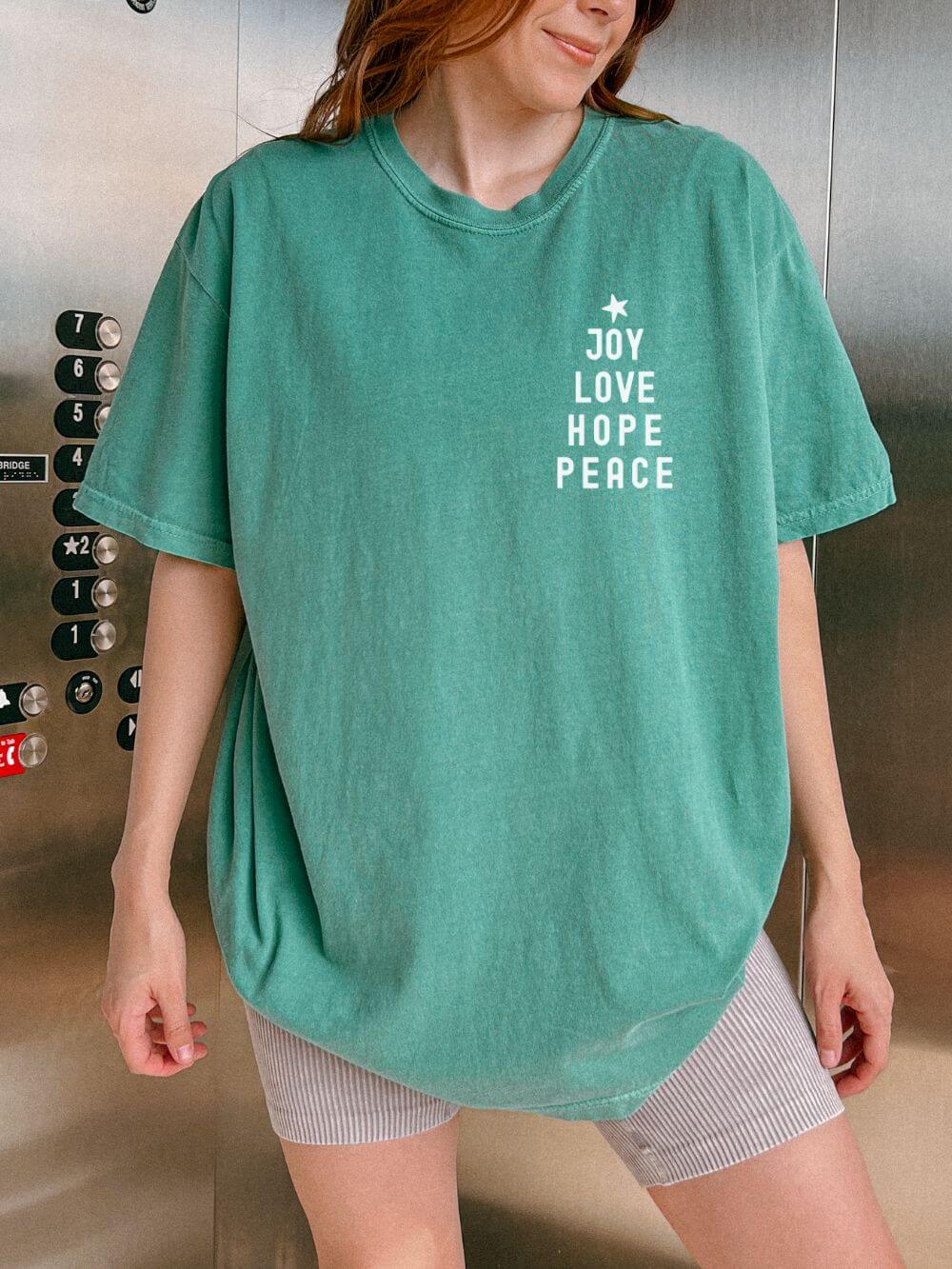 Joy Love Hope Peace Festive Christmas Tree Holiday T-Shirt Unisex Garment-Dyed Tee - Sydney So Sweet
