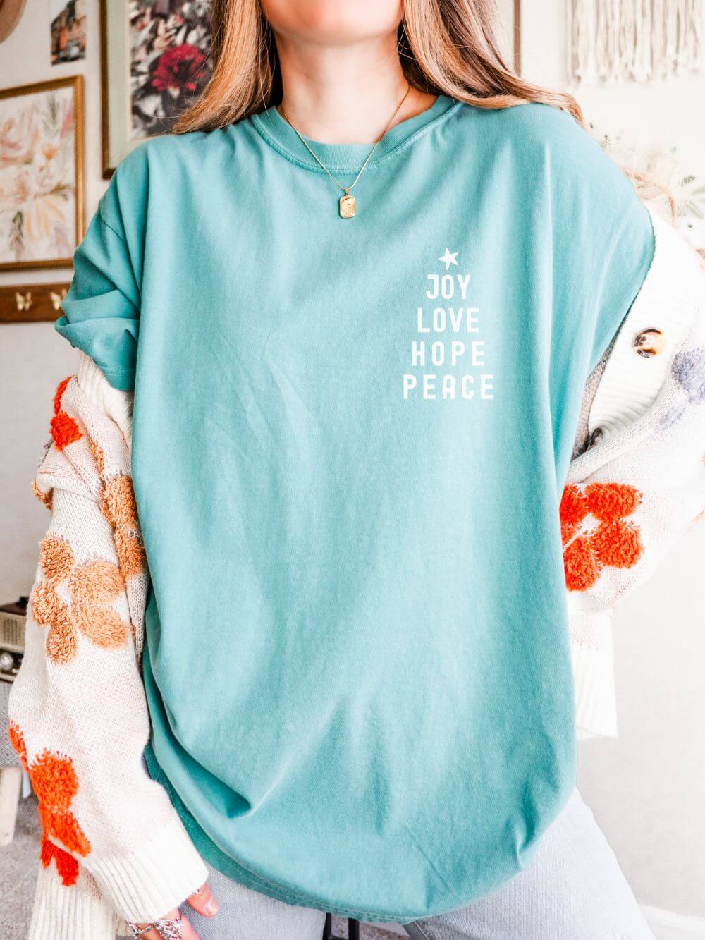 Joy Love Hope Peace Festive Christmas Tree Holiday T-Shirt Unisex Garment-Dyed Tee - Sydney So Sweet