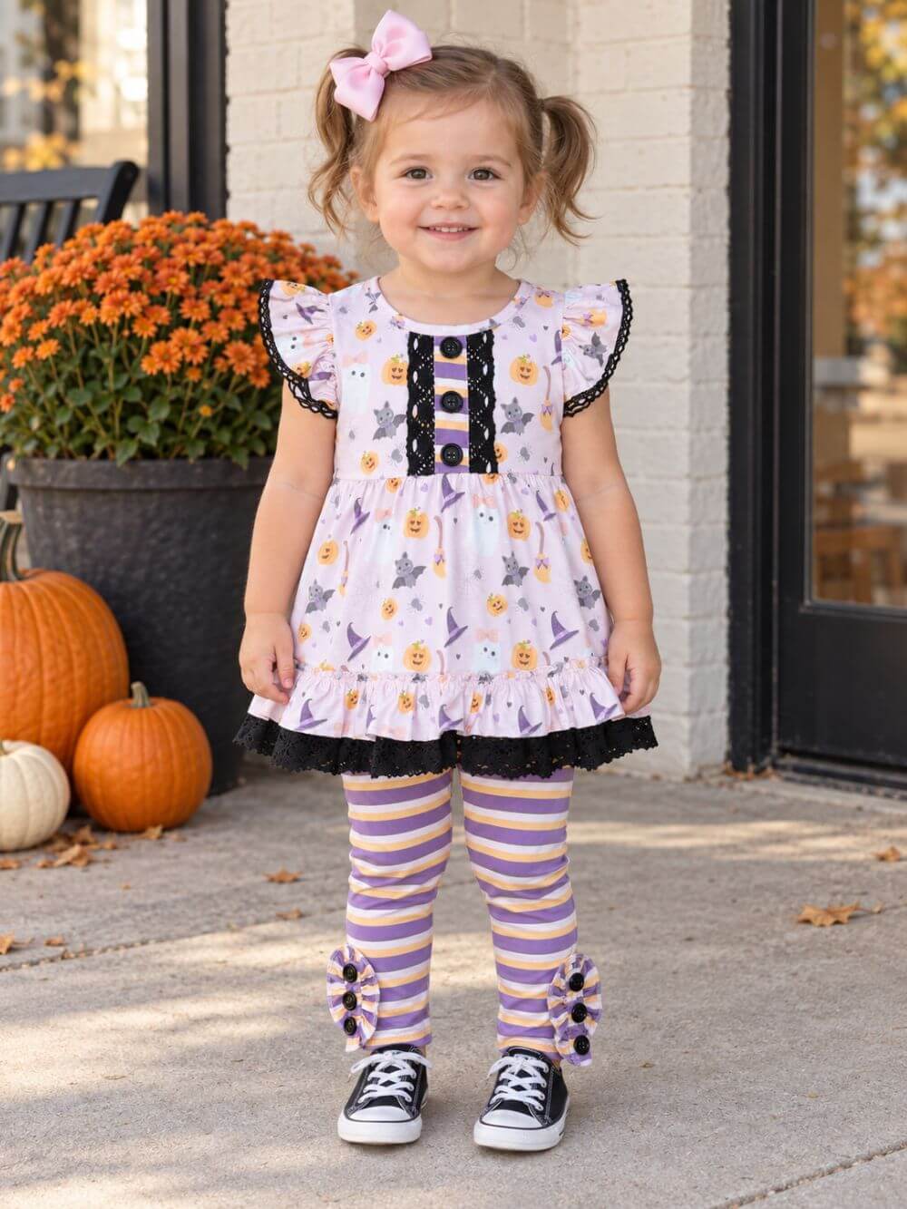 Girl wearing Trick or Treat Boutique leggings outfit