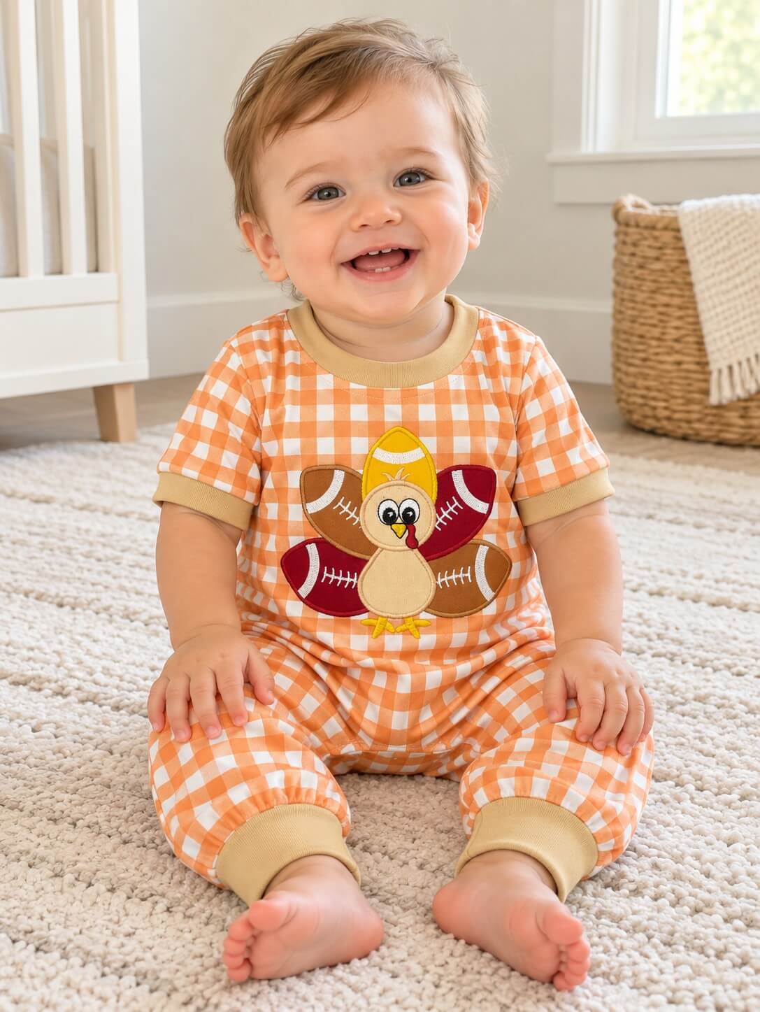 Turkey Football Gingham Baby Thanksgiving Romper