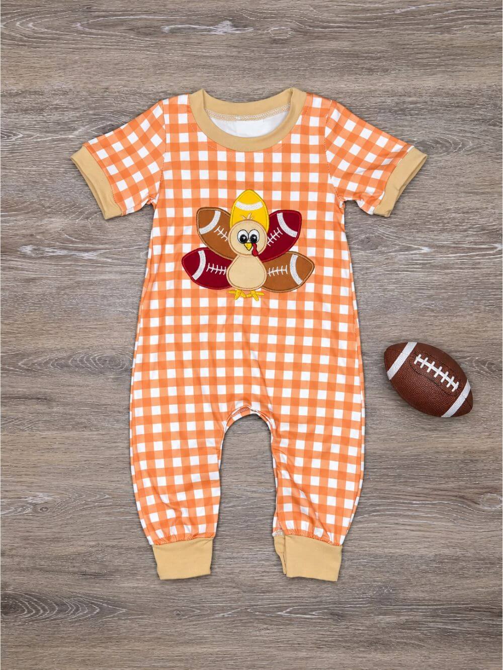 Turkey Football Gingham Baby Thanksgiving Romper