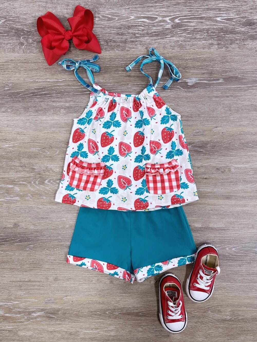 Turquoise & Strawberries Girls Tank Top Shorts Outfit - Sydney So Sweet