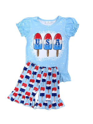USA Bomb Pop Puff Sleeve Girls Patriotic Shorts Outfit - Sydney So Sweet