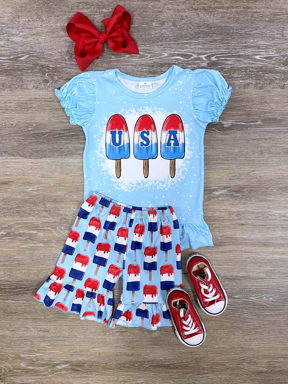 USA Bomb Pop Puff Sleeve Girls Patriotic Shorts Outfit