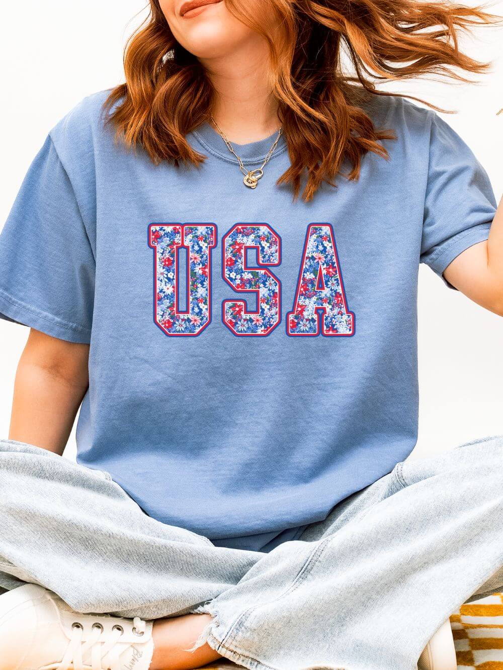 Patriotic Floral USA Unisex Comfort Colors Graphic T-Shirt - Sydney So Sweet