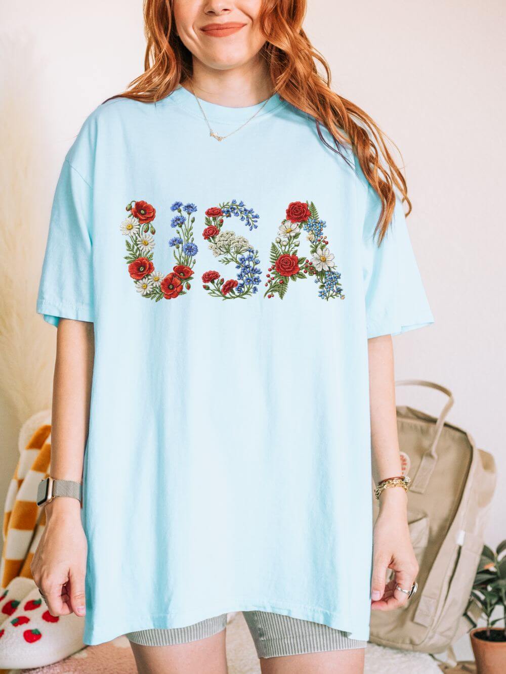 USA Floral Letters T-Shirt Botanical Lettering Patriotic Graphic Tee